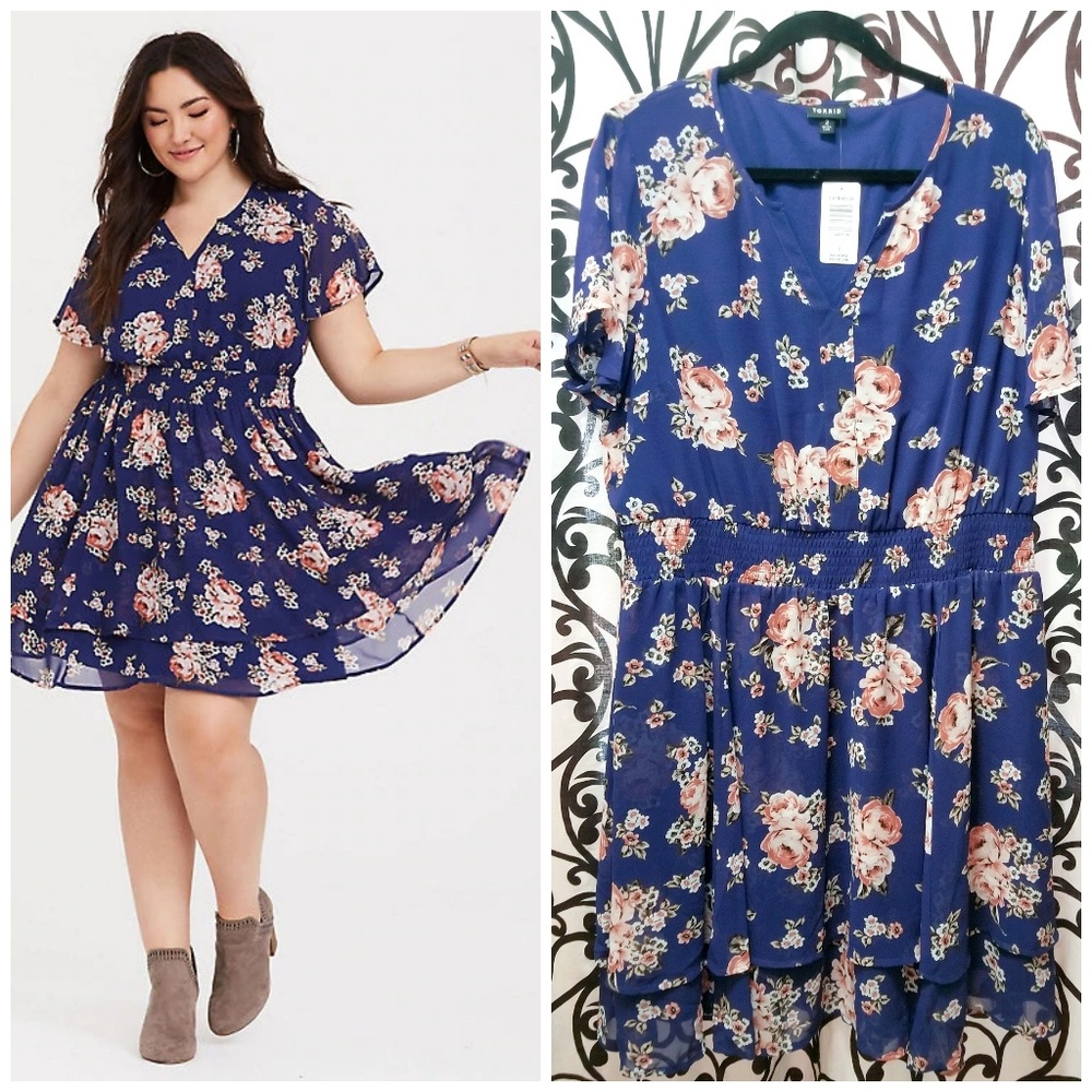 TORRID Plus Navy Blue Floral Chiffon Ruffle Dress